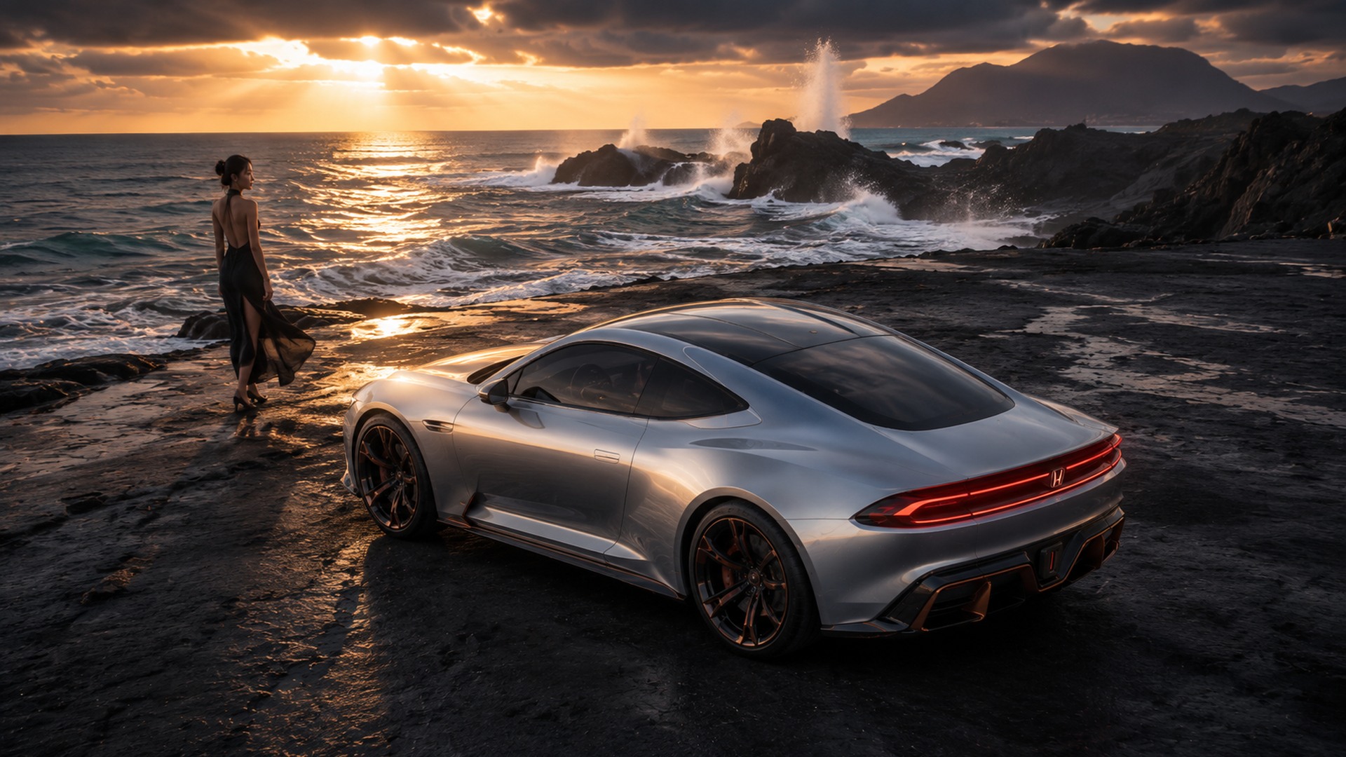 AI-created silver Honda Prelude concept on a rocky coast