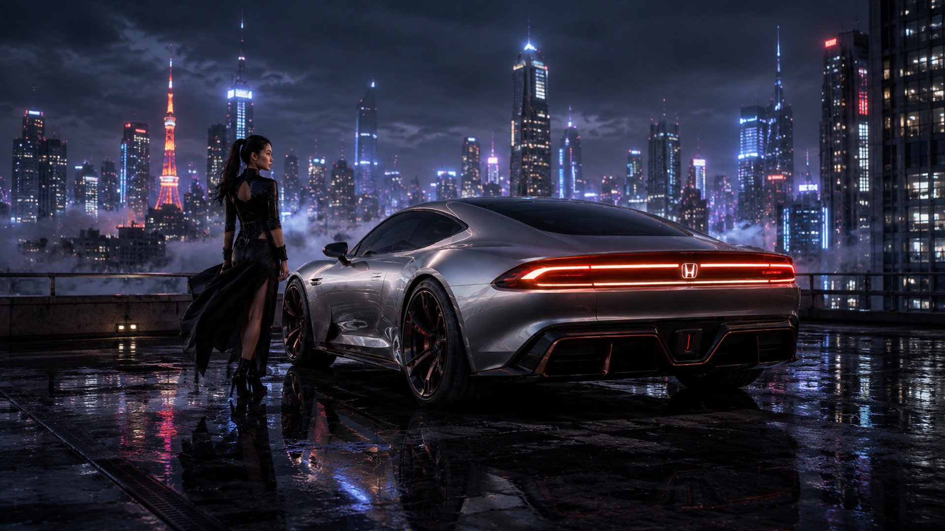AI-created silver Honda Prelude concept overlooking a future city