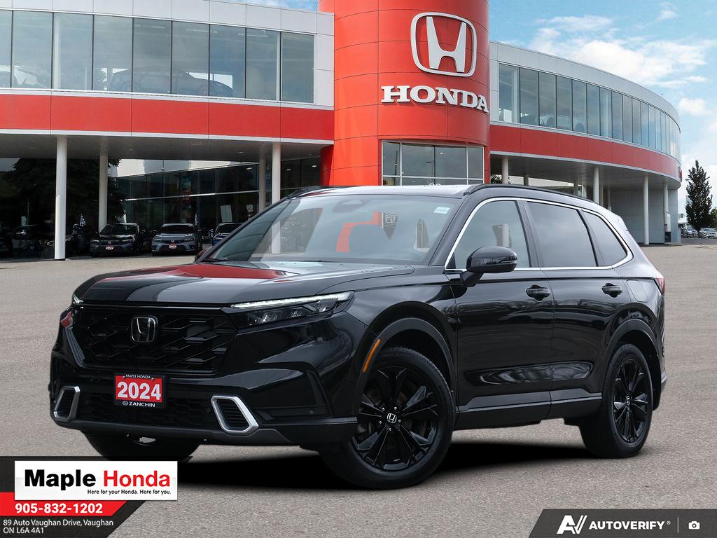 2024 Honda CR-V Hybrid Touring AWD in Black — front three-quarter view at Maple Honda Vaughan