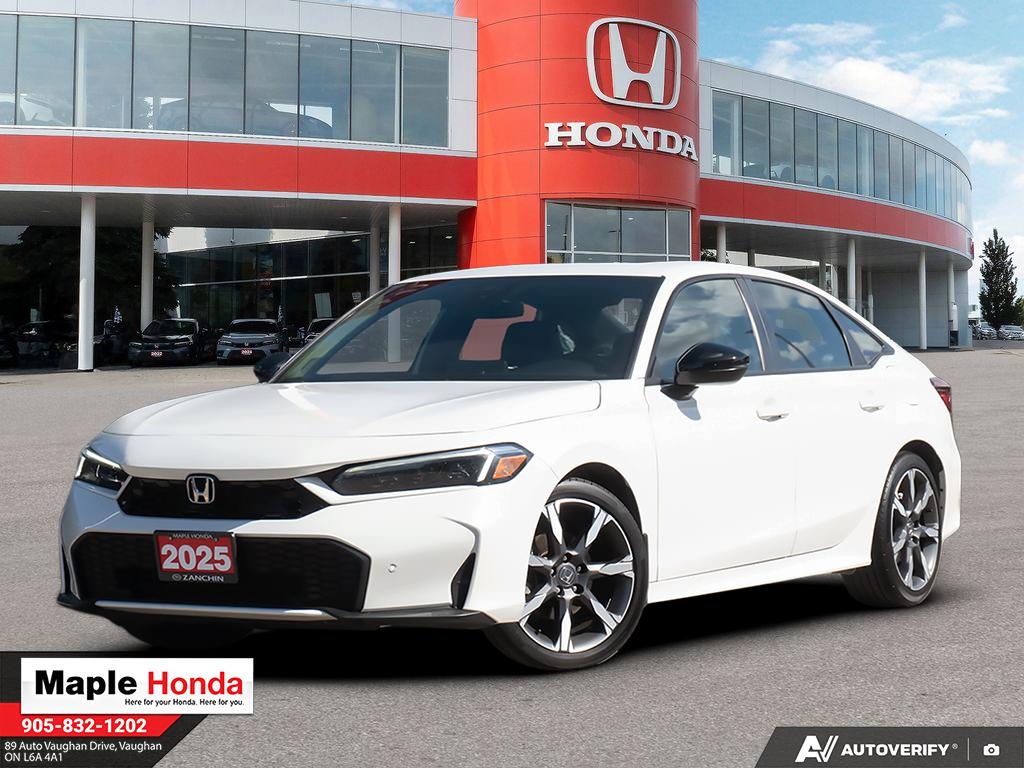 2025 Honda Civic Sport Touring Hybrid in White — front three-quarter view at Maple Honda Vaughan