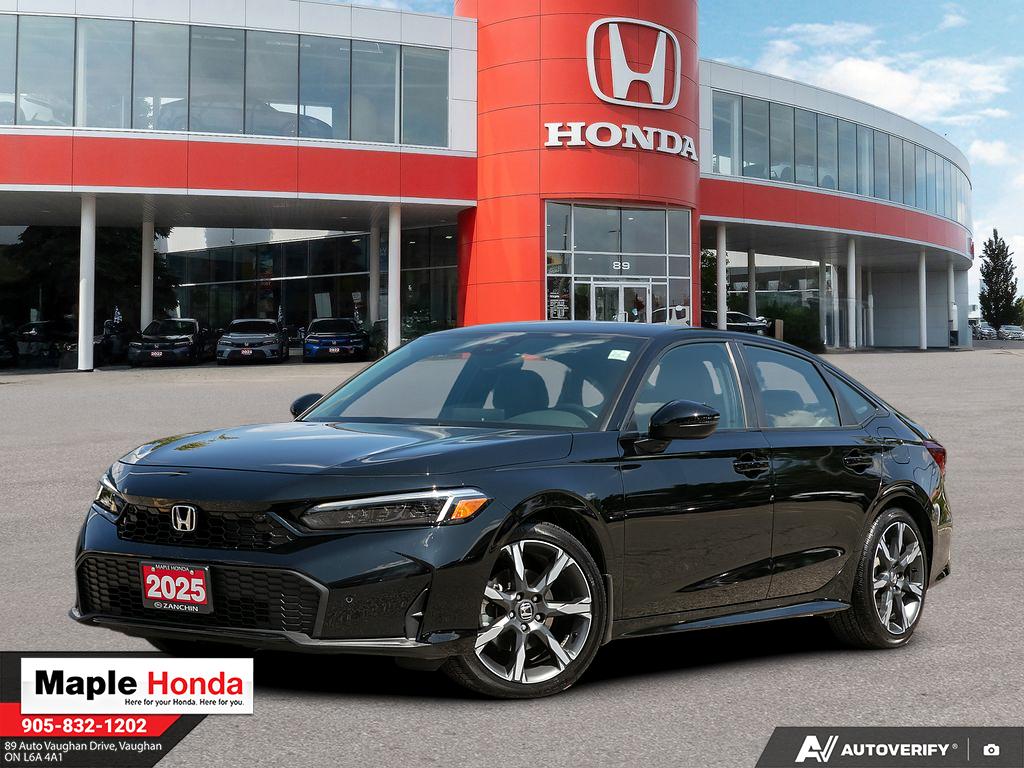 2025 Honda Civic Sport Touring Hybrid in Black — front three-quarter view on the lot at Maple Honda in Vaughan