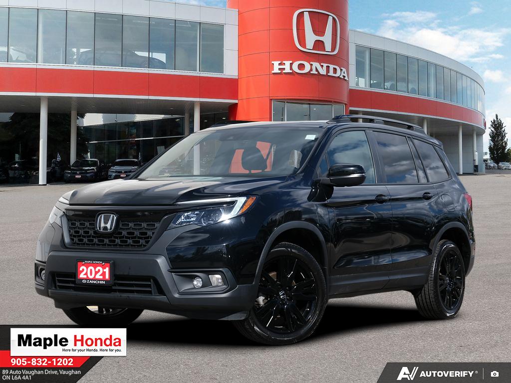 2021 Honda Passport Sport AWD in Black — front three-quarter view on the lot at Maple Honda in Vaughan