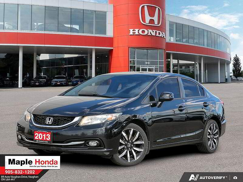 2013 Honda Civic Touring in Black — front three-quarter view on the lot at Maple Honda