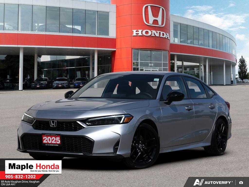 2025 Honda Civic Sport Hybrid in Silver — front three-quarter view on the lot at Maple Honda
