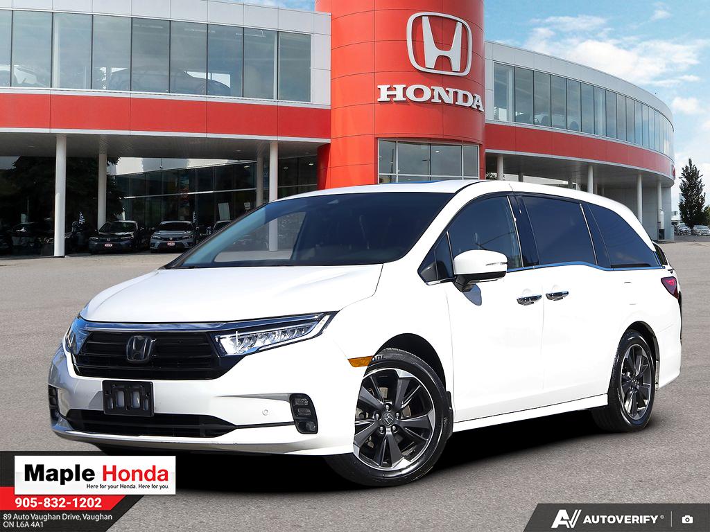 2023 Honda Odyssey Touring in White — front three-quarter view on the lot at Maple Honda in Vaughan