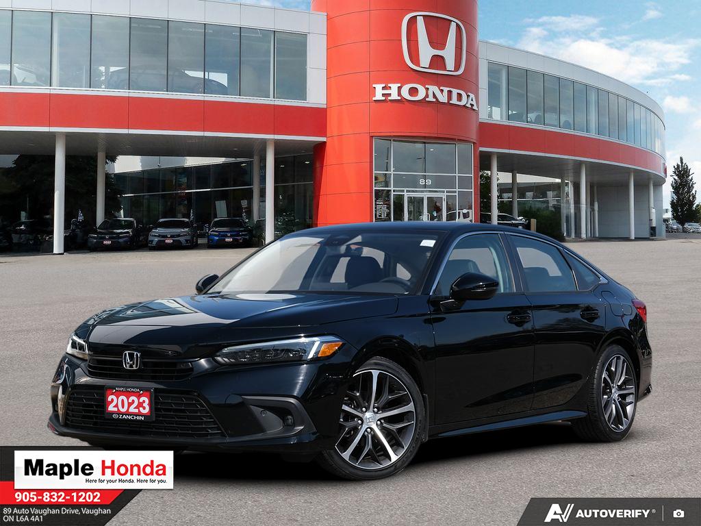 2023 Honda Civic Touring in Black — front three-quarter view on the lot at Maple Honda in Vaughan