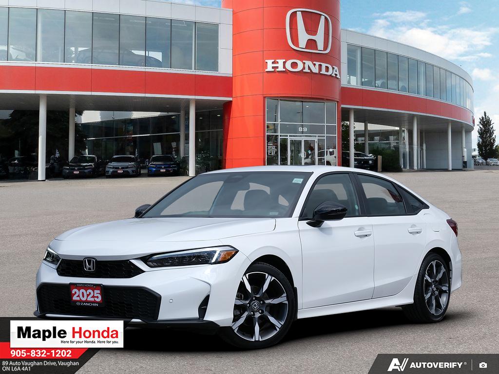 2025 Honda Civic Sport Touring Hybrid in White — front three-quarter view on the lot at Maple Honda in Vaughan