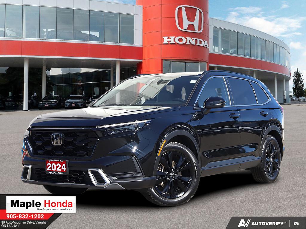 2024 Honda CR-V Hybrid Touring AWD in Black — front three-quarter view on the lot at Maple Honda in Vaughan