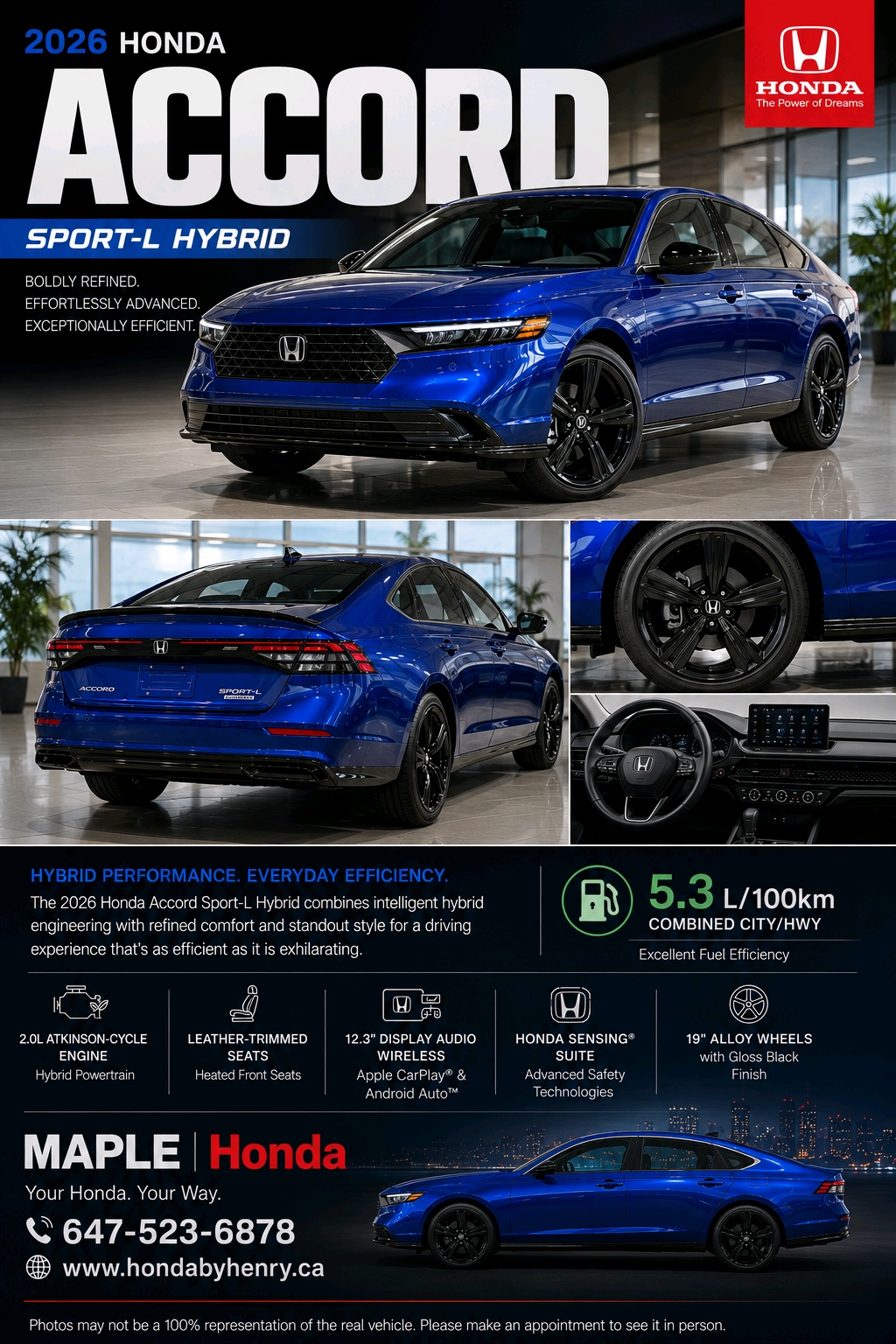 2026 Honda Accord Sport-L Hybrid Maple Honda marketing poster in Boost Blue Pearl showing front three-quarter, rear three-quarter, dark gloss black 19-inch alloy wheels, cabin layout with 12.3-inch display audio touchscreen, and a feature callout strip reading '2.0L Atkinson-cycle engine, leather-trimmed seats, 12.3-inch display audio wireless, Honda Sensing suite, 19-inch alloy wheels gloss black — 5.3 L/100 km combined'