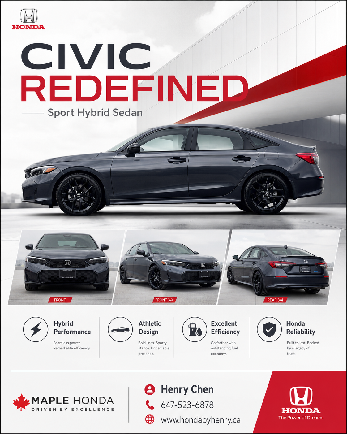 2026 Honda Civic Sport Hybrid Sedan in dark finish, photographed at a mountain overlook with the Civic's signature LED headlights and blacked-out grille