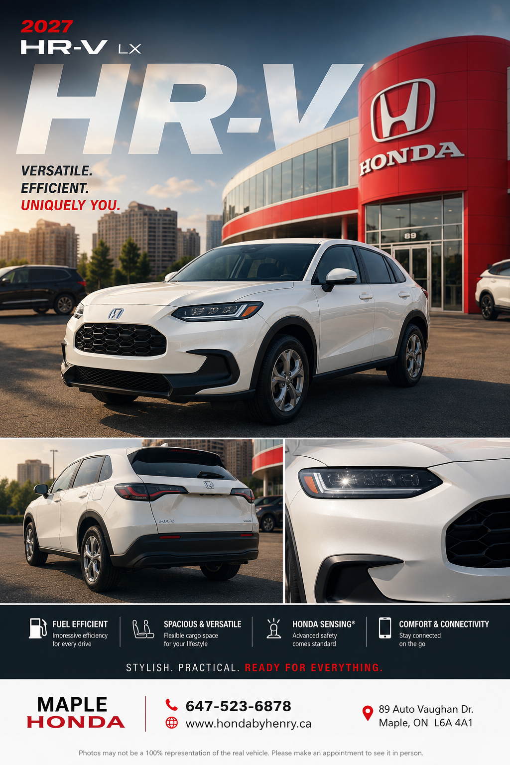 2027 Honda HR-V LX in white, photographed at the Maple Honda dealer showing the updated front end, LED headlights, and 17-inch alloy wheels