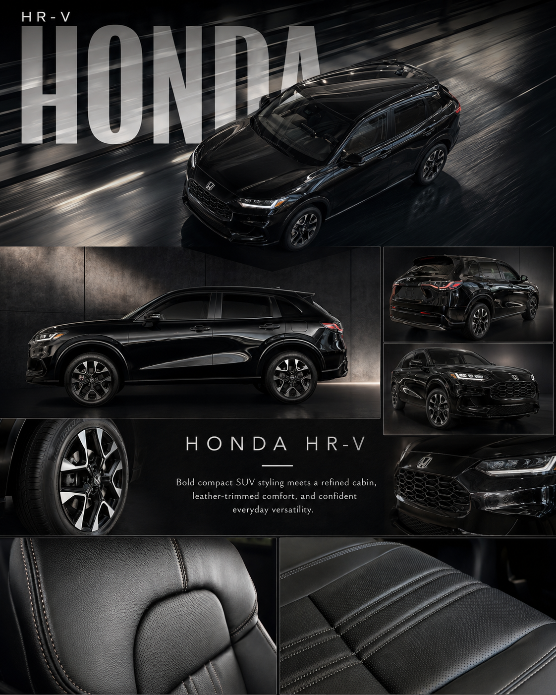 Honda HR-V marketing poster in Crystal Black Pearl showing five angles: aerial front three-quarter, side profile, rear three-quarter, front-on with Honda badge and honeycomb grille, and a close-up of the machined-finish alloy wheels — paired with two interior detail shots of the black leather-trimmed seat upholstery