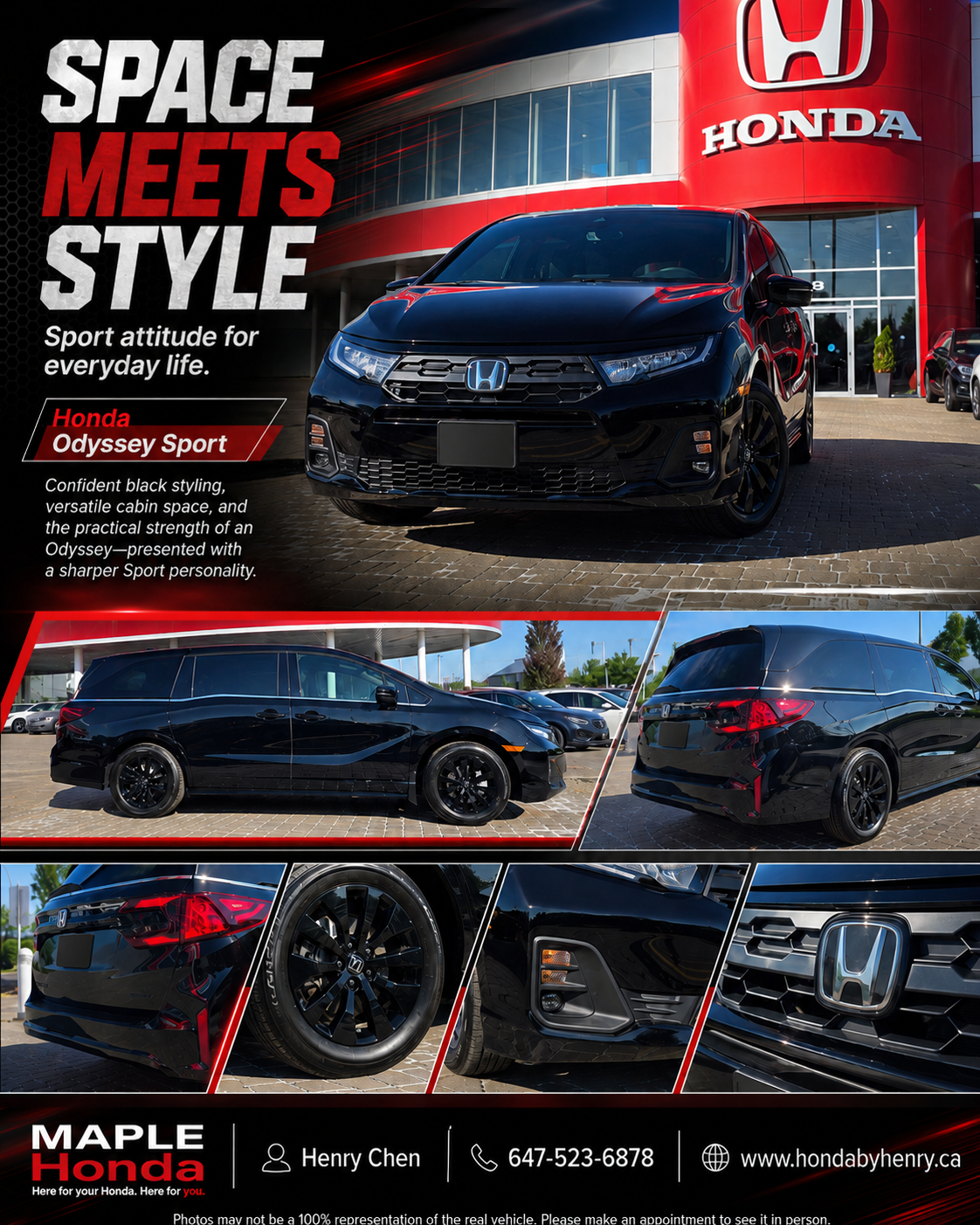 2026 Honda Odyssey Sport in black, photographed at the Maple Honda dealer showing the blacked-out grille, black alloy wheels, and LED taillights